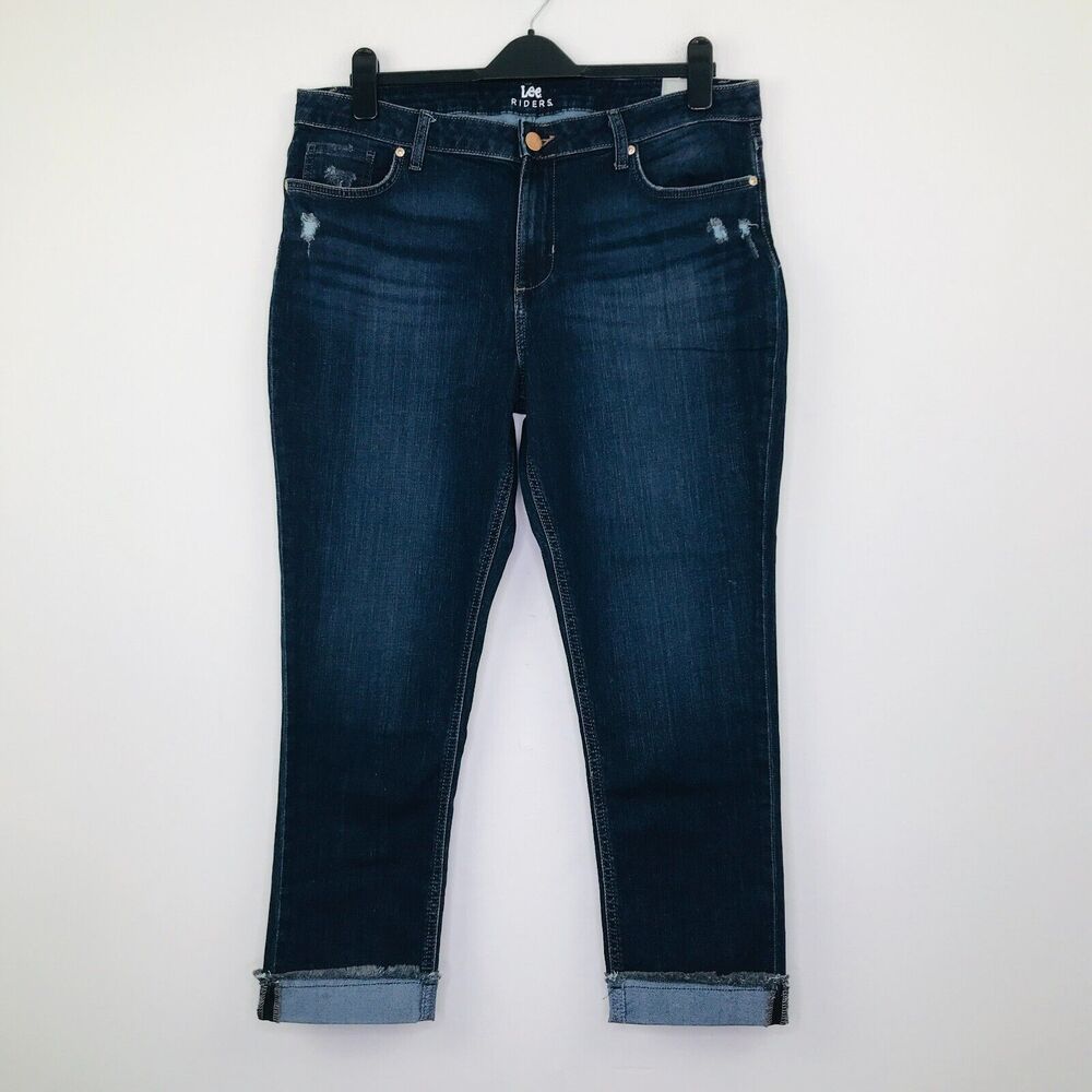 Lee Riders Women's 16M Jeans Indigo Dark Wash Cuffed Crop Distressed NWT N